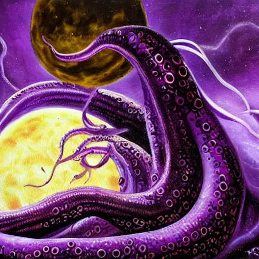 Image similar to many purple tentacles with eyes bursting out of an exploding moon, high fantasy, oil painting, extremely detailed