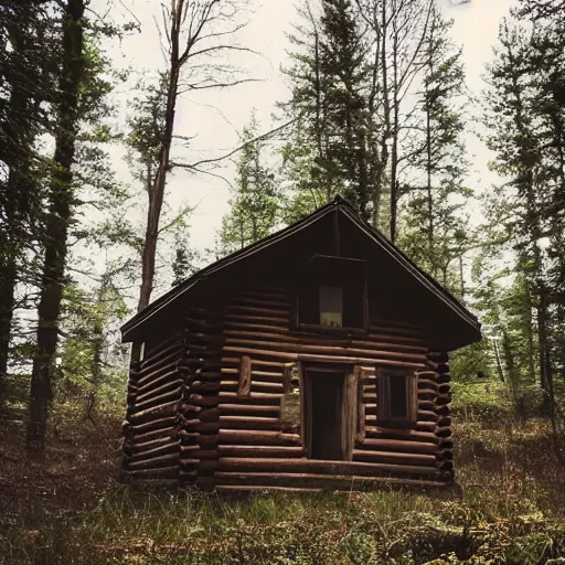 Image similar to a photo of a Eerie cabin in the middle of the woods in the style of blurry iphone footage