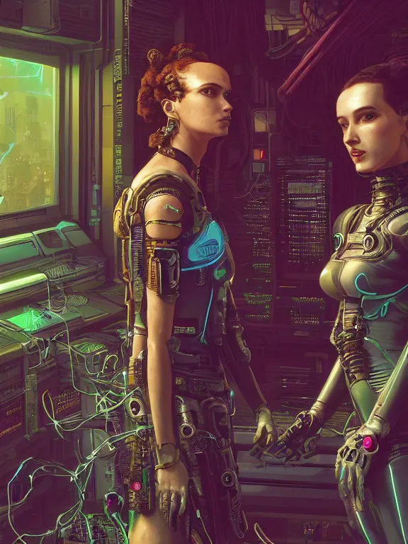 Image similar to a cyberpunk 2077 illustration half body portrait of two female android queen ,complex mess of cables and wires behind them connected to giant computer, film lighting, by laurie greasley,Lawrence Alma-Tadema,William Morris,Dan Mumford, trending on atrstation, full of color, mythological, high detailed,golden ratio,cinematic lighting