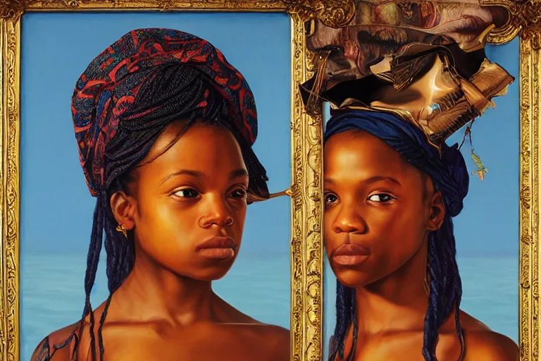 Image similar to a girl pirate with iridescent skin by kehinde wiley