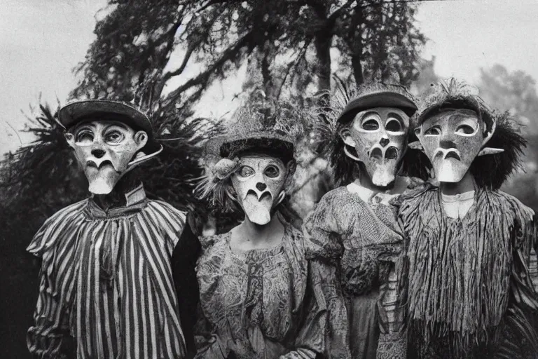 Image similar to vintage photo of villagers wearing weird masks, eerie, bizarre, highly detailed shot, dramatic 8 k uhd