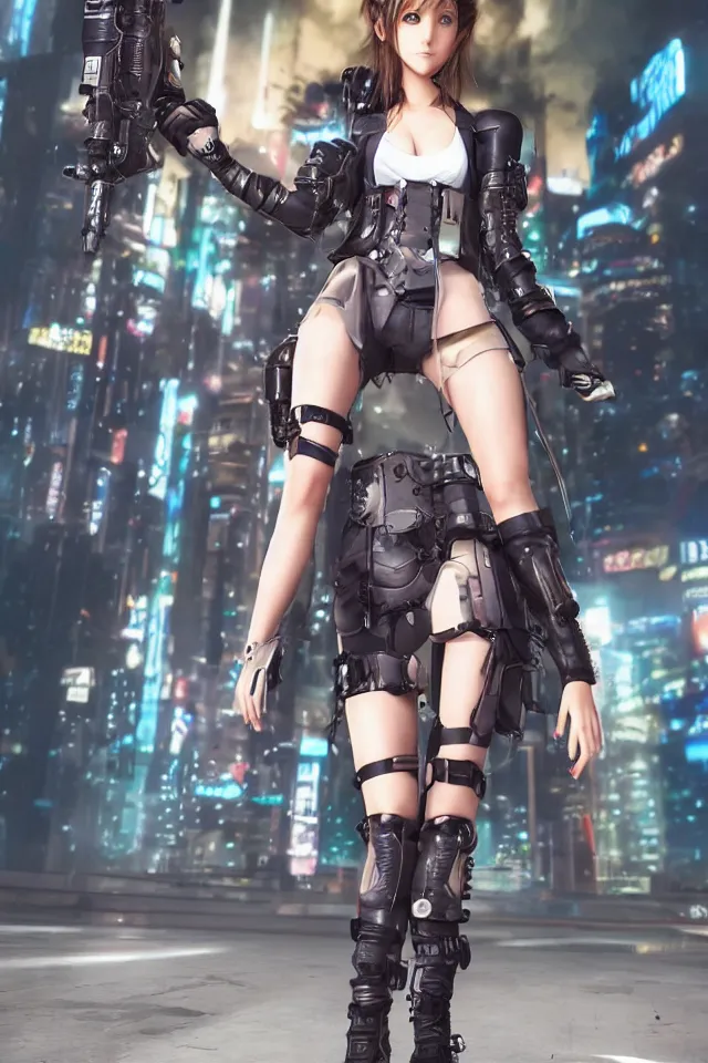 Image similar to Aerith from Final Fantasy wearing cyberpunk plugsuit