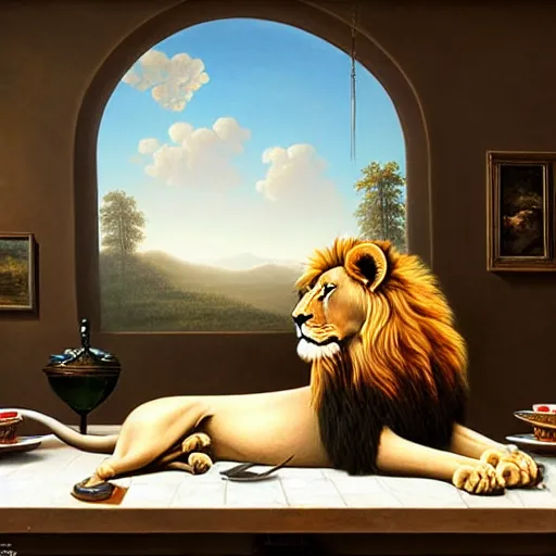 Prompt: a lion sitting an antique table, a detailed matte painting by vladimir kush, cgsociety, furry art, airbrush art, detailed painting, matte painting