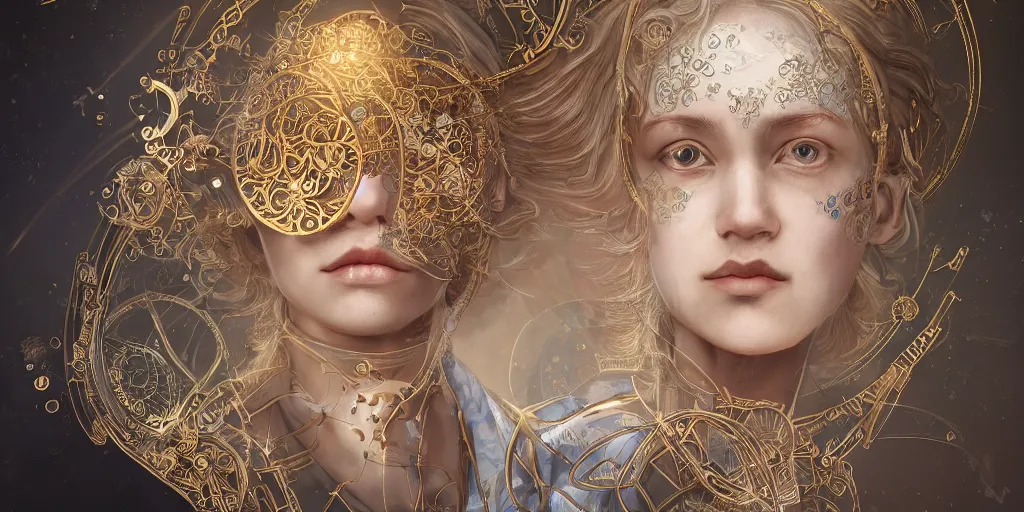 Image similar to hyperrealistic photography of a highly detailed and symmetrical gorgeous nordic female scientist constructing a golden baroque time machine in the style of Jin Kagetsu, James Jean and wlop, face symmetry, highly detailed, masterpiece, award-winning, sharp focus, intricate concept art, ambient lighting, 8k, artstation