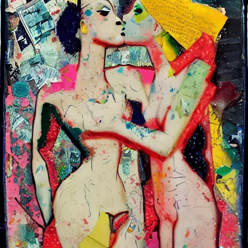 Image similar to two women kissing at a carnival, mixed media collage, vintage, paper collage, magazine collage, acrylic paint splatters, bauhaus, claymation, layered paper art, sapphic visual poetry expressing the utmost of desire by jackson pollock