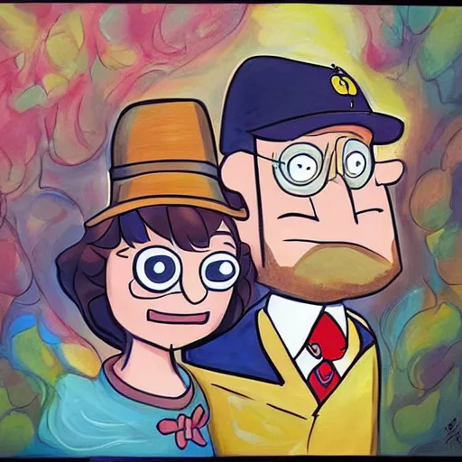 Prompt: beautiful painting, wedding couple as gravity falls, by alex hirsch, cartoon, coherent symmetrical faces