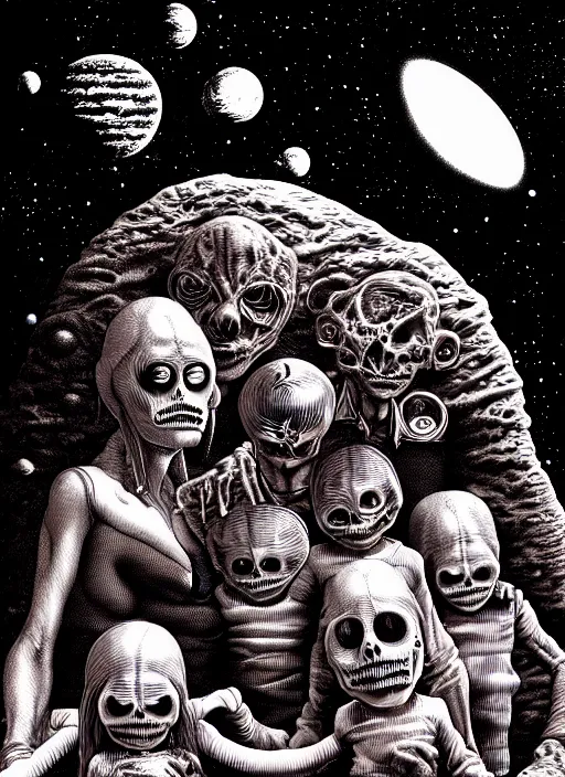 Image similar to detailed image of a creepy family in the deep space by richard corben, rich deep colors. masterpiece . intricate artwork, cinematic, hyper realism, high detail, unreal engine, 8k, Smooth gradients, High contrast, depth of field, very coherent symmetrical artwork. clean ink detailed line drawing, intricate detail, extremely detailed.