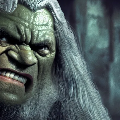 Image similar to the hulk starring as gandalf in lord of the rings, videogame still, portrait, 4 0 mm lens, shallow depth of field, close up, split lighting, cinematic