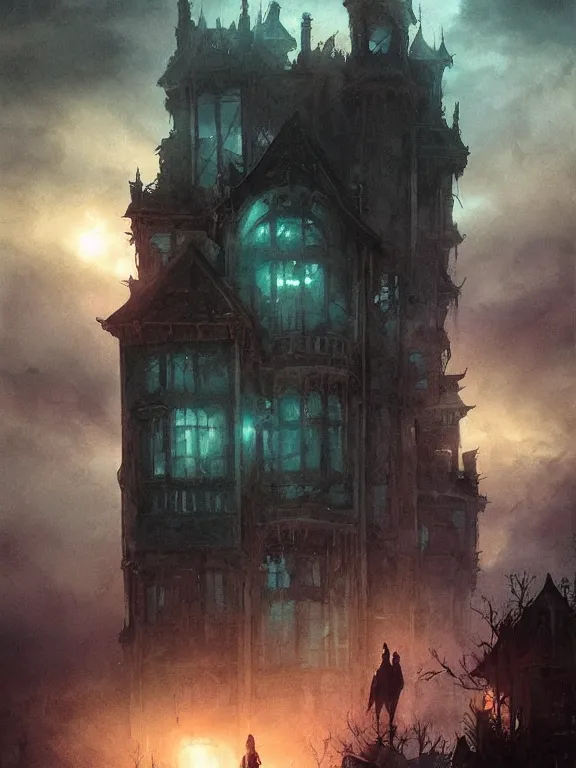 Image similar to a group of urban fantasy adventurers approach a tall and foreboding haunted house at sunset, teal spectral denizens rise from windows, detailed realistic watercolor by greg rutkowski and kwanchai moriya, haunting, ominous, exciting, solemn, lightning study