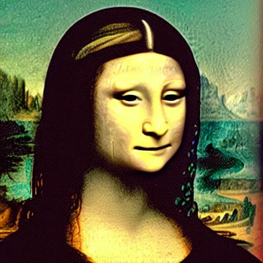 Image similar to drunk monkey drawing on mona lisa with crayons in the louvre, [ photoreal ]