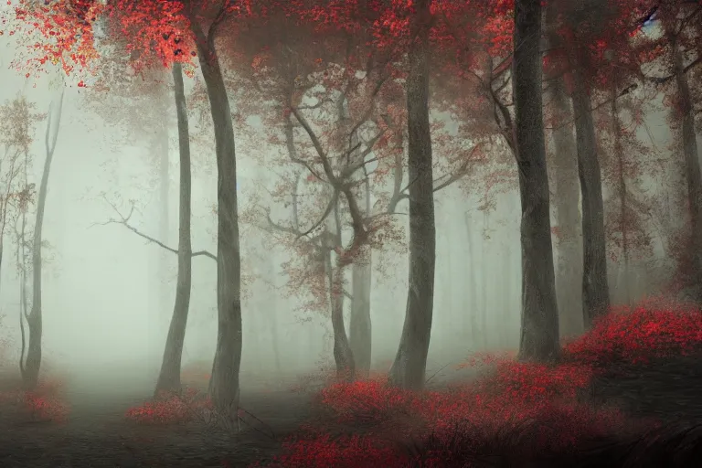 Prompt: deep dark moody forest, red fog on the ground, bleak. big stones, dark mood. mysterious. doom. realistic painting. photobashing, matte painting, highly detailed, autumn, cinematic, hyperralistic, artstation