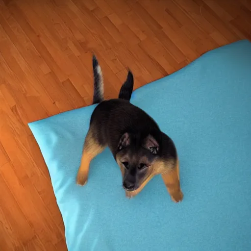 Prompt: in my bedroom my gsd puppy gets the'zoomies'and jumps around on the bed and color comforter. high energy, frenetic craziness, running, jumping, and chasing. cg animation, 3 d octane render, imax 7 0 mm, rtx