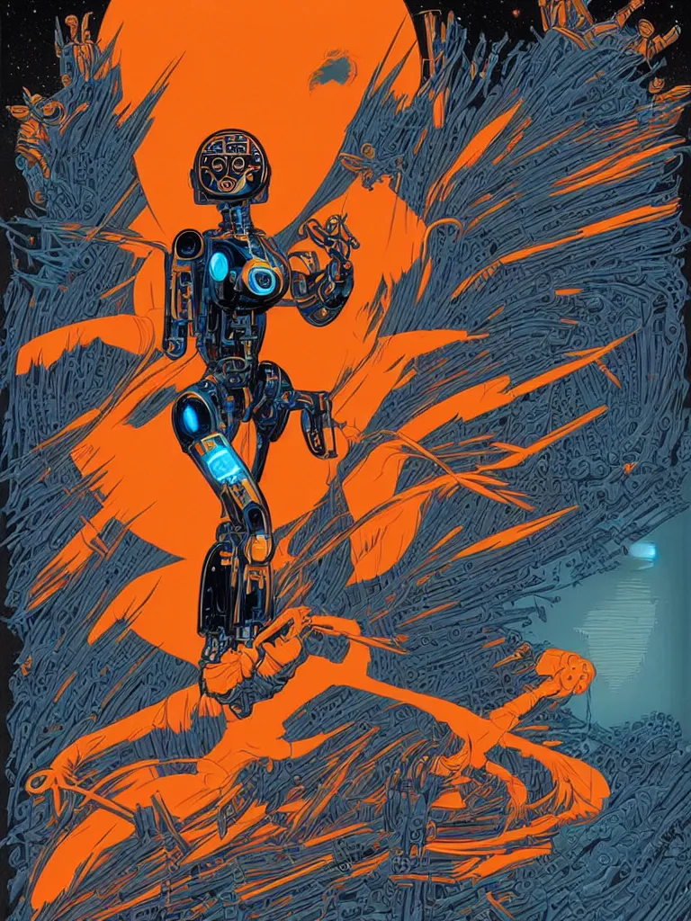 Prompt: A beautiful terrified robotic angel by Dan Mumford and Alberto Vargas and Josan Gonzalez and Gil Elvgren, black border, vibrant, white, orange, blue