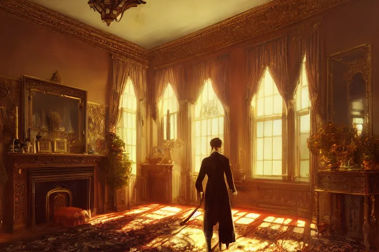 Prompt: an ornate victorian house interior, party inside, scene inside. 1 8 9 0, key visual, conceptart, ambient lighting, highly detailed, digital painting, artstation, concept art, sharp focus, by makoto shinkai and akihiko yoshida and greg manchess