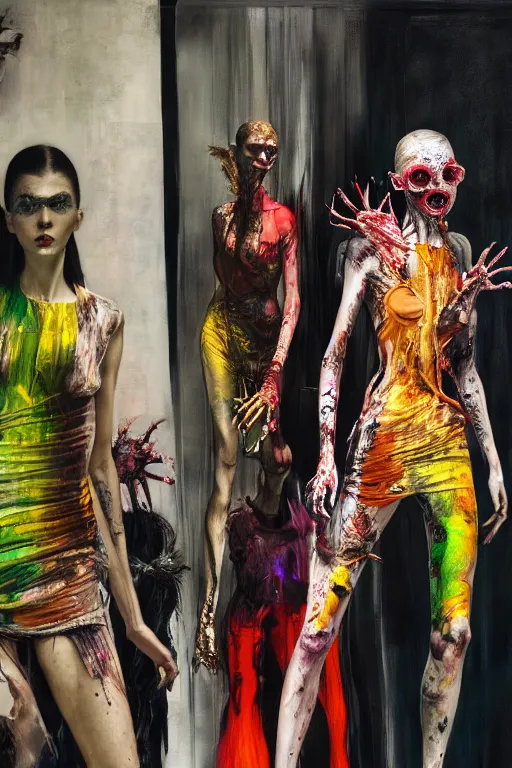 Image similar to crazy fashion catwalk, one model, crazy clothes, biopunk style, horror, hauntingly surreal, highly detailed painting by francis bacon, edward hopper, adrian ghenie, gerhard richter, and james jean soft light 4 k,