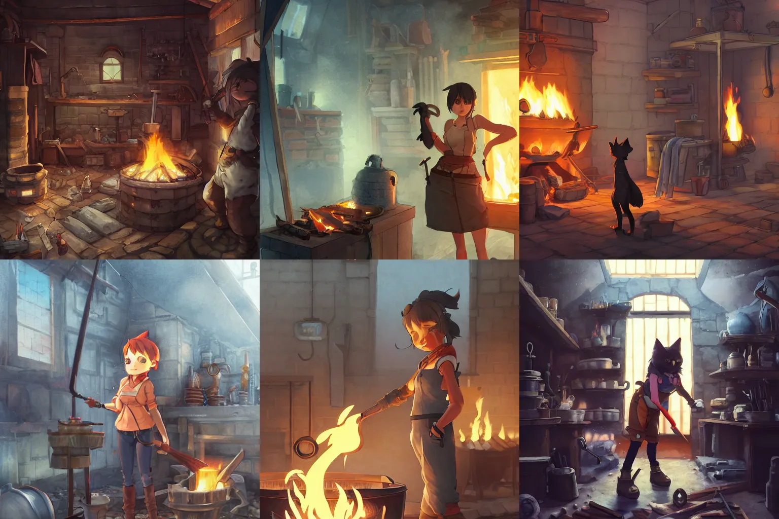 Prompt: a full body portrait of the short and fiery blacksmith Kitty with a beard at her forge, blacksmith's outfit, inside building, makoto shinkai, james gilleard, very detailed, matte, gaussian blur, tone mapped, Akihiko Yoshida.