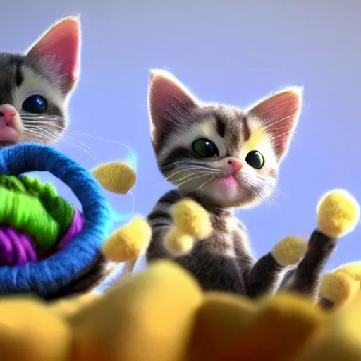 Image similar to miniature closeup of cute kittens playing with yarn, claymation, Pixar animation, visually stunning, 50mm, highly detailed, award-winning, octane render, unreal engine