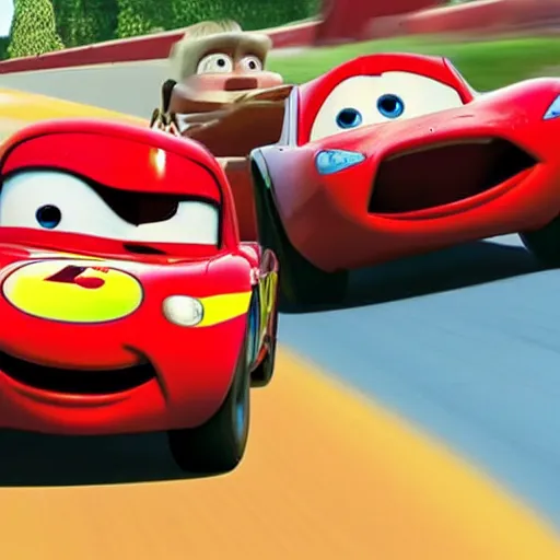 Prompt: dash parr from incredibles 2004 racing with lightning mcqueen