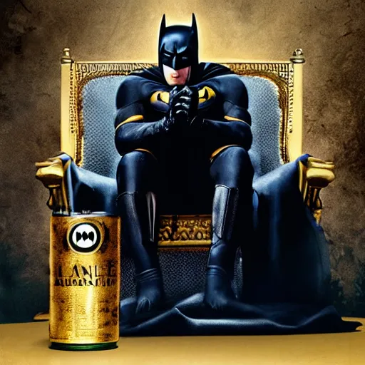 Prompt: a 8k award winning photograph of Batman sitting on a golden throne drinking Coka Cola, Annie Leibovitz