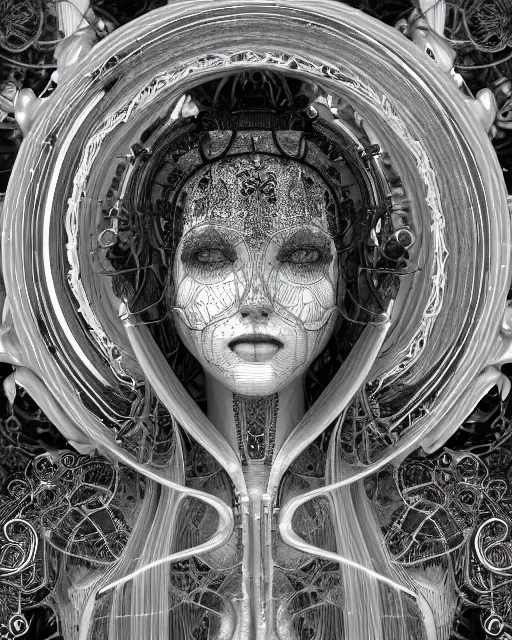 Image similar to mythical dreamy black and white organic bio-mechanical spinal ribbed profile face portrait detail of translucent steampunk beautiful female angelic-human-queen-vegetal-cyborg, highly detailed, intricate trnaslucent ivy jelly ornate, poetic, translucent roses ornate, 3D render, digital art, octane render, 8K artistic photography, photo-realistic, by Dora Maar