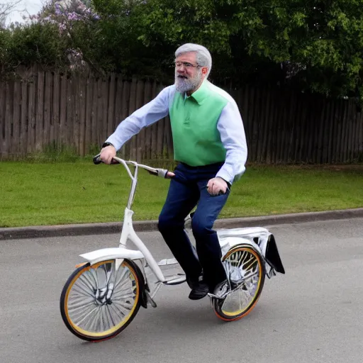 Prompt: Gerry Adams riding a orange, white, and green tricycle