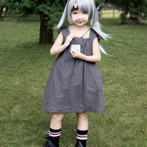 Image similar to little girl in anime style with short grey hair wearing a potato sack as dress