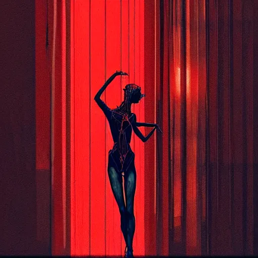 Prompt: dancing strings puppet surrounded by red curtains by Conrad Roset and Nicola Samuri, rule of thirds, seductive look, beautiful, intricate, dystopian, sci-fi, extremely detailed, digital painting, artstation, concept art, smooth, sharp focus, illustration, intimidating lighting, incredible art, details visible, very dark ambiance