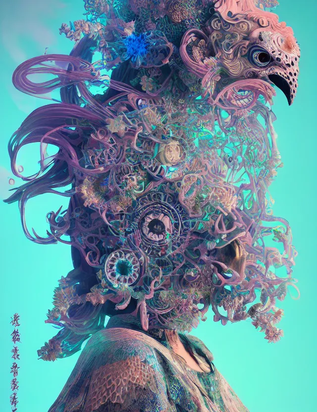 Image similar to 3 d goddess close - up profile solarpunk portrait ram skull. beautiful intricately detailed japanese crow kitsune mask and clasical japanese kimono. betta fish, jellyfish phoenix, bio luminescent, plasma, ice, water, wind, creature, artwork by tooth wu and wlop and beeple and greg rutkowski