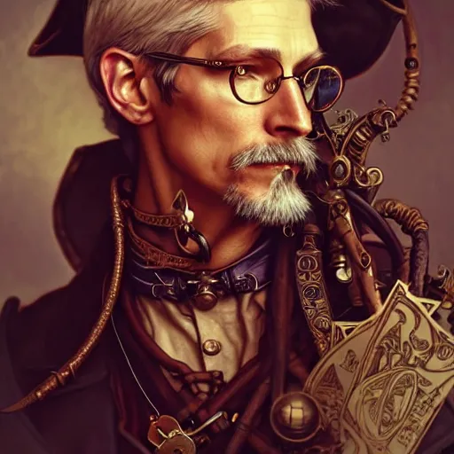 Image similar to steampunk pirate tim cook, fantasy, d & d, intricate, detailed, by by alphonse mucha, adolfo hohenstein, alice russell glenny, stanley artgerm lau, greg rutkowski, detailed, trending on artstation, trending on artstation, smooth