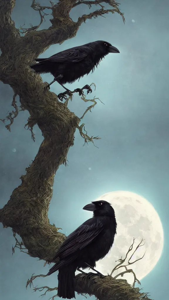 Image similar to crow on tree in front of the full big moon, highly detailed, digital painting, artstation, concept art, smooth, sharp focus, illustration, Unreal Engine 5, 8K, art by artgerm and greg rutkowski and alphonse mucha