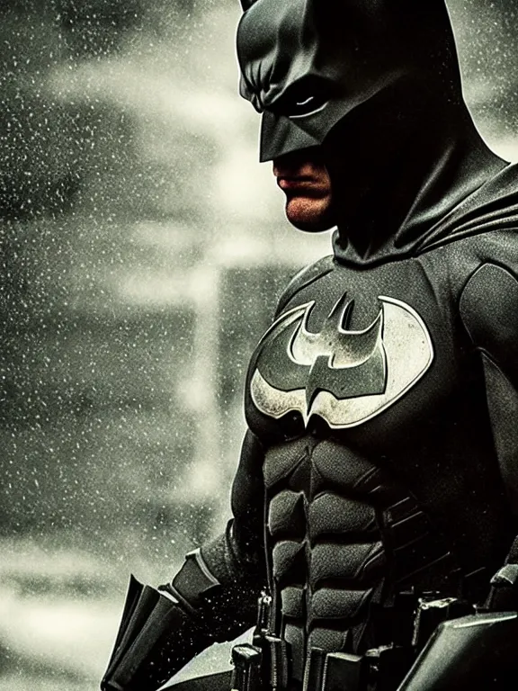 Image similar to film still, ryan renolds as batman, no mask, hyperrealism, moody lighting, rain, intricate, 8 k