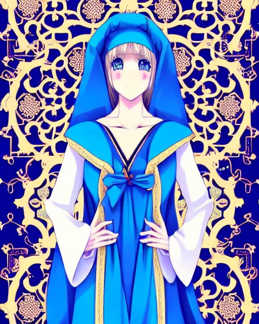 Prompt: a blonde woman wearing a blue veil and blue robes with ornate patterns | | very very anime!!!, fine - face, realistic shaded perfect face, fine details. anime. realistic shaded lighting poster