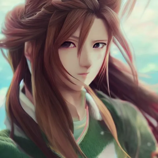 Image similar to beautiful anime art of aerith ff7 by wlop, rossdraws, mingchen shen, bangkuart, sakimichan, yan gisuka, jeongseok lee, artstation, 4k