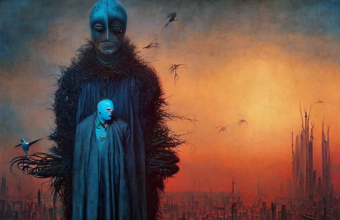 Image similar to realistic detailed portrait movie shot of a birdman in dark ragged robes, futuristic city sunset landscape background by denis villeneuve, amano, yves tanguy, alphonse mucha, ernst haeckel, max ernst, alejandro jodorowsky, masterpiece, rich moody colours, bird head, blue eyes, hyperdetailed