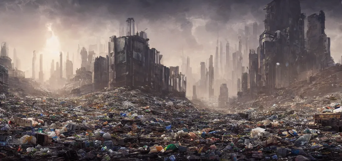 Image similar to Abandoned Mega City filled with trash, dystopia, dystopian future, matte painting, digital art, award-winning art, dramatic, sad, trending on artstation, emotional, 8k