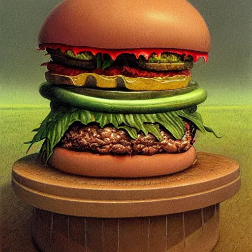 Image similar to a hyperrealistic painting of a burger filled with alien plants and disturbing meat, by john kenn mortensen and zdzislaw beksinski, highly detailed, vivid color,