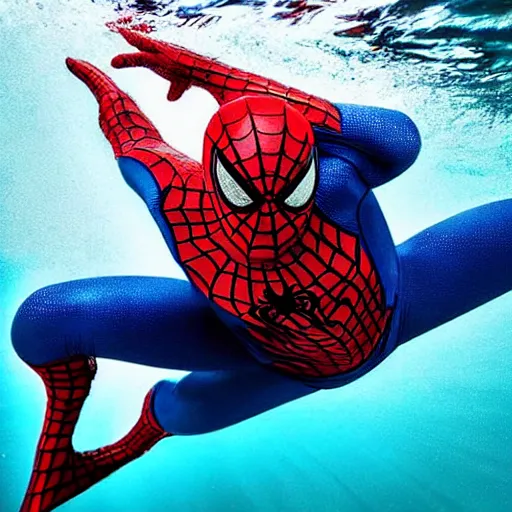 Image similar to underwater shoot photo of Spiderman , high detail , perfect photo