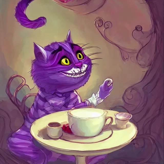 Image similar to cheshire cat drinking tea, by cory loftis, character art, very coherent, exquisite lighting, whimsical background, lighthearted, soft painting, masterpiece