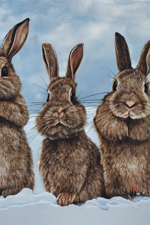 Image similar to rabbits with chainsaws on the snowy mountains. realist. high detail