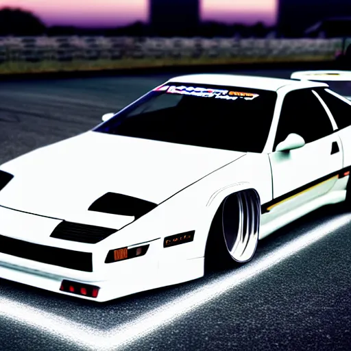 Image similar to a car 300ZX turbo drift at illegal car meet, Chiba prefecture, city midnight mist lights, cinematic lighting, photorealistic, highly detailed wheels, high detail