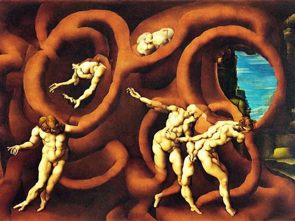 Image similar to optical illusion painting of a couple dancing in a worm hole, illusionism, mind blow, by michelangelo and salvador dali, detailed