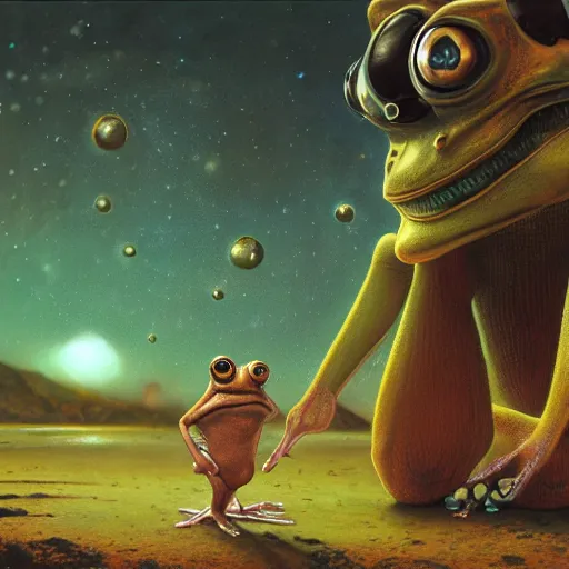 Image similar to long shot of a froggy alien, by esao andrews, by m. w. kaluta, by james web telescope, ultra humorous beautiful oil painting, cinematic space scenery, small depth of field, depth perception, volumetric light, rich colors, 3 d octane render, 8 k, conceptart, hyperdetailed, hyperrealistic, trending on artstation