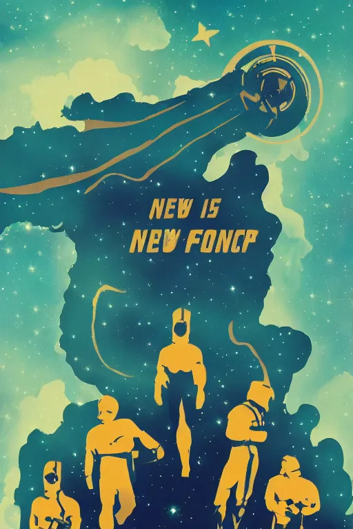 Prompt: poster exclaiming glory in the stars and the new frontier, 4 k, simplified