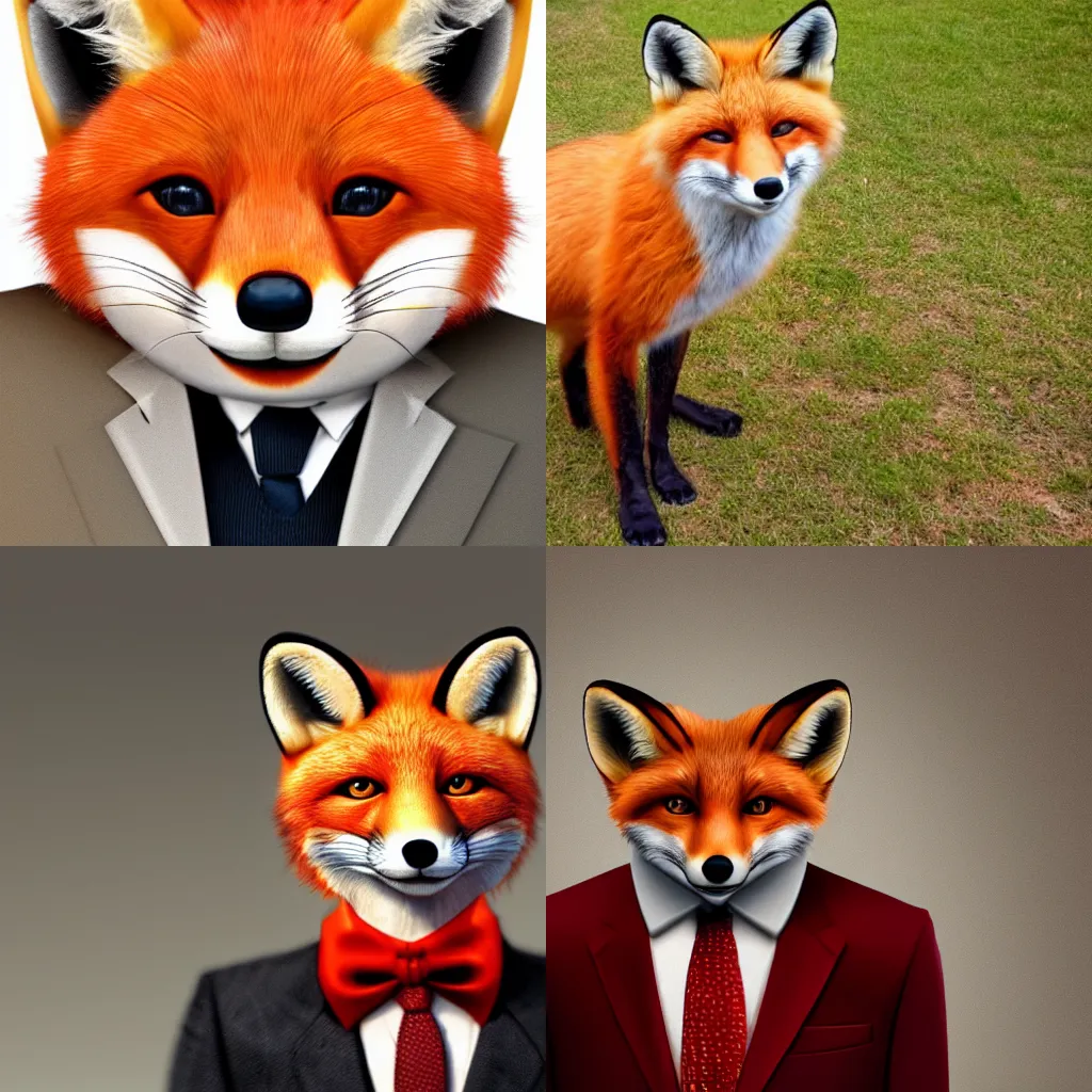 Prompt: an anthropomorphic red fox wearing a suit looking into the camera, realistic, portrait