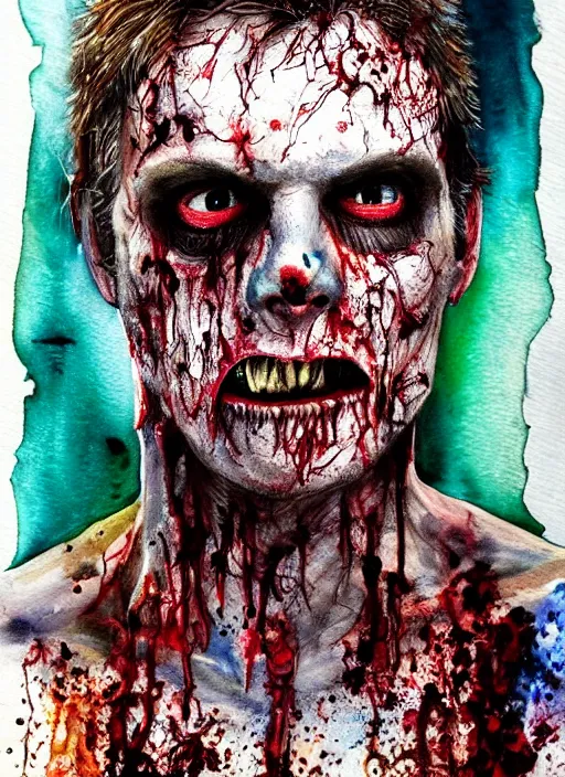 Image similar to zombie hollywood professional acting headshot, david dennis, intricate detailed, studio lighting, charming expression gesicht, hauntingly beautiful zombie, watercolor art, drawn and painted, colored layers, dulled contrast, exquisite fine art, splatterpaint