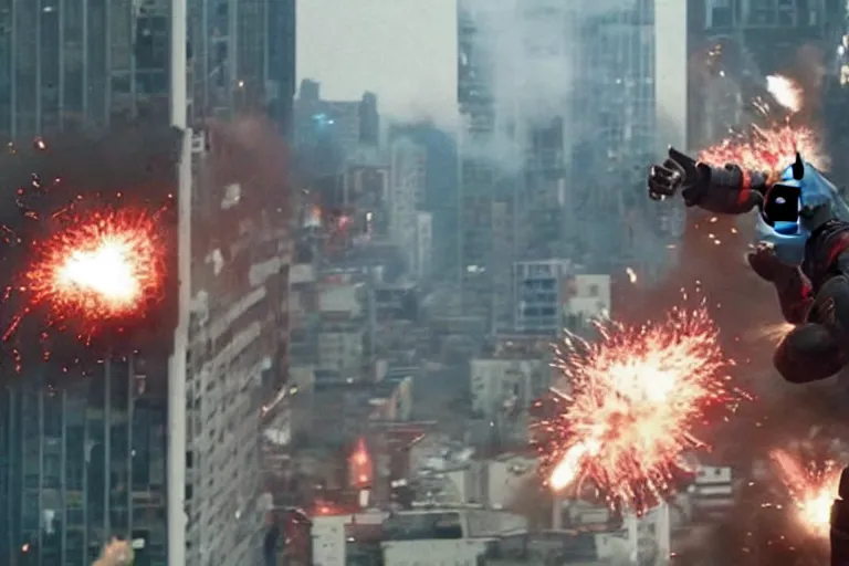 Image similar to Deadpool leaps off militarily helicopter firing missiles and smashes through high rise window, explosions, by Emmanuel Lubezki