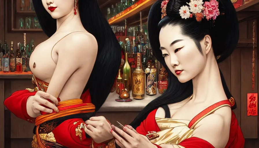 Prompt: evil geisha in a bar, perfectly-centered-Portrait of the most beautiful asian woman on the planet, insane, intricate, highly detailed, digital painting, artstation, concept art, smooth, sharp focus, illustration, Unreal Engine 5, 8K, art by artgerm and greg rutkowski and alphonse mucha