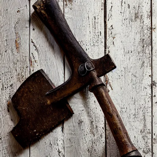 Prompt: photo of medieval Axe with Wood Handle, white background