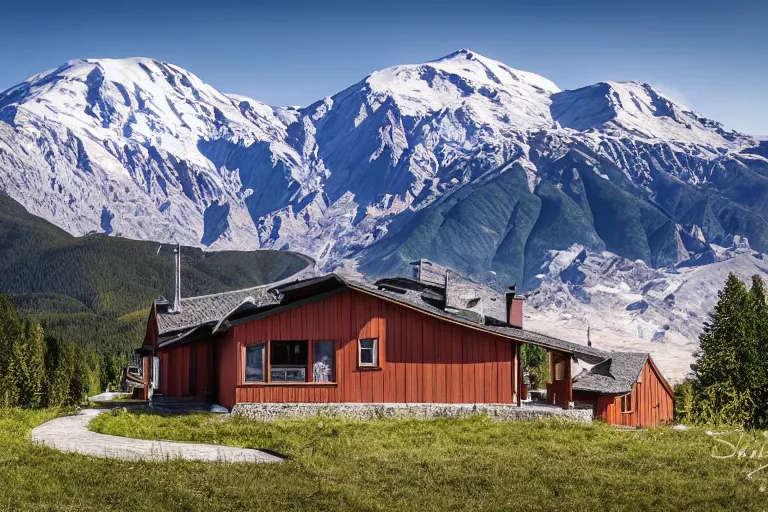 Image similar to architecture photo modern fachwerk house cottage settlement with Elbrus mountain on the background, architecture, photorealism 8k , high details