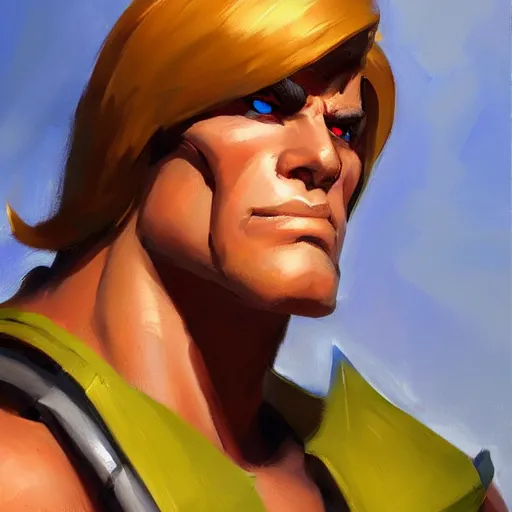 Image similar to greg manchess portrait painting of he - man as overwatch character, medium shot, asymmetrical, profile picture, organic painting, sunny day, matte painting, bold shapes, hard edges, street art, trending on artstation, by huang guangjian and gil elvgren and sachin teng